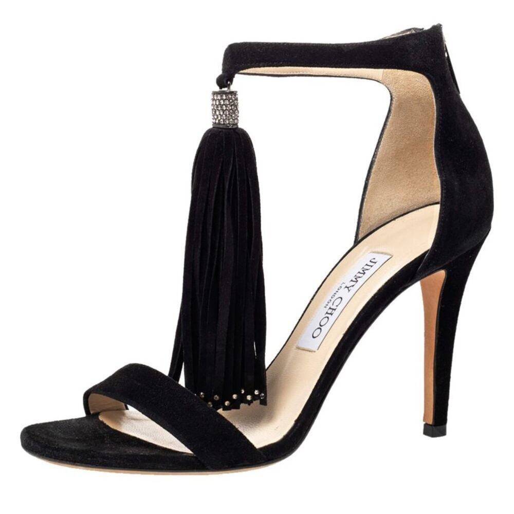 Jimmy Choo Viola Crystal Black Tassel High Heel Sandals 38.5